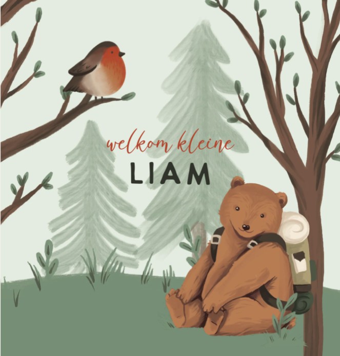 Geboortekaartje jongen beer bos Liam