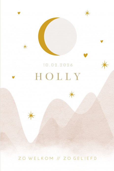 Geboortekaartje meisje roze bergen gouden maan Holly voor