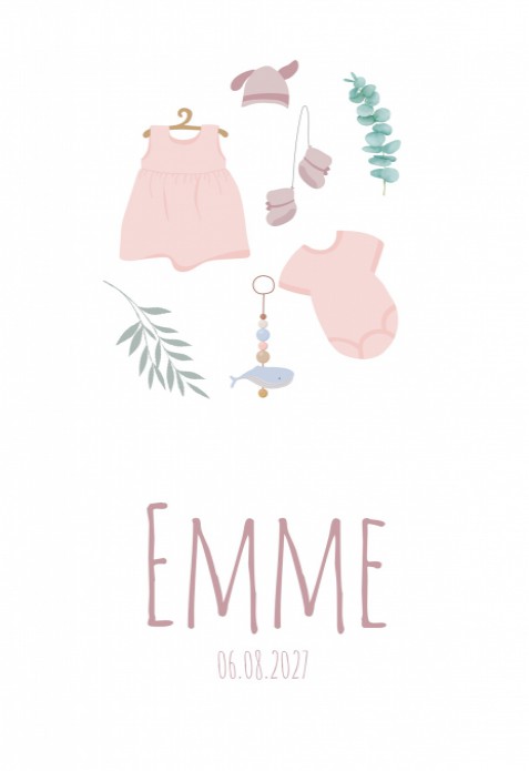 Geboortekaartje roze babykleertjes Emme voor
