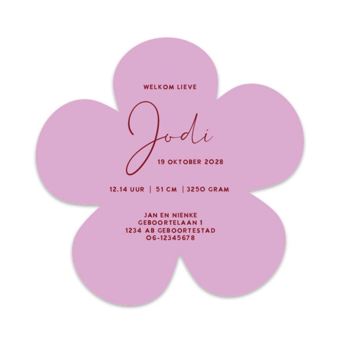 geboortekaartje-bloem-originele-vorm-kleuren-color-blocking-origineel-trend-trending-meisje-roze-rood-jodi-paars