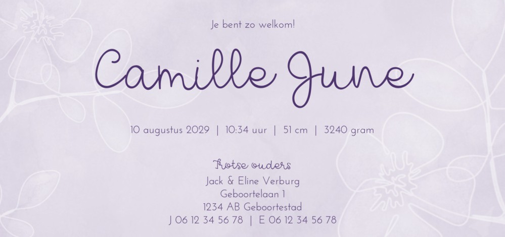 Geboortekaartje meisje paars bloemen Camille