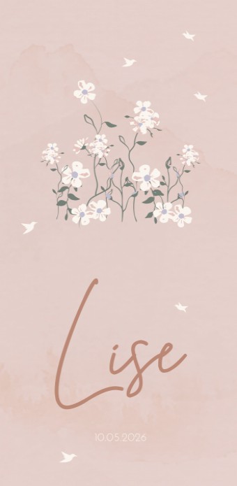Geboortekaartje Prénatal meisje roze bloemen boeket Lise voor