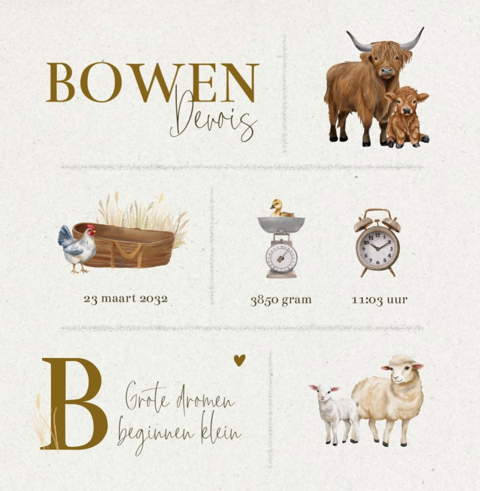 Geboortekaartje neutraal boerderijdieren met geboortegegevens Bowen