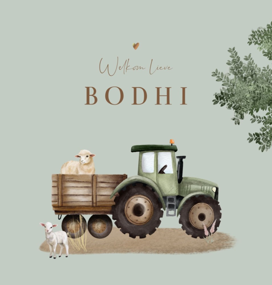 Geboortekaartje jongen boerderijdieren met tractor Bodhi