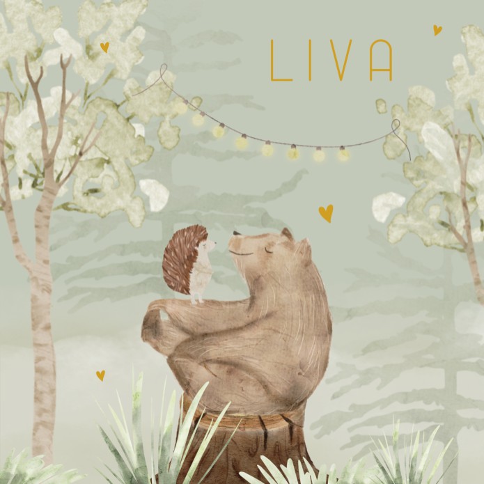 Geboortekaartje neutraal bos beer groen Liva voor