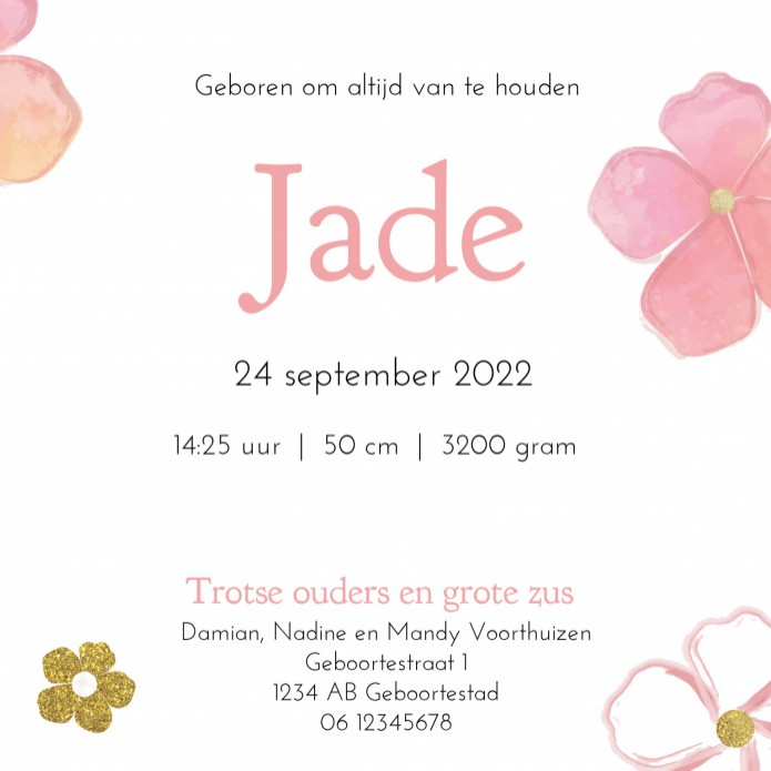 Geboortekaartje Roze Bloemen Jade
