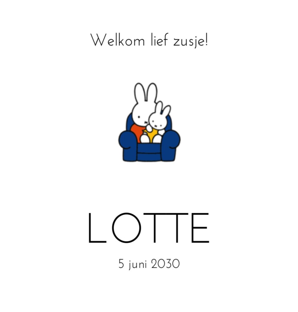 Geboortekaartje nijntje op stoel met baby Lotte