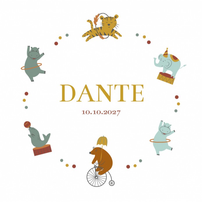 Geboortekaartje Prénatal neutraal dieren circus Dante voor