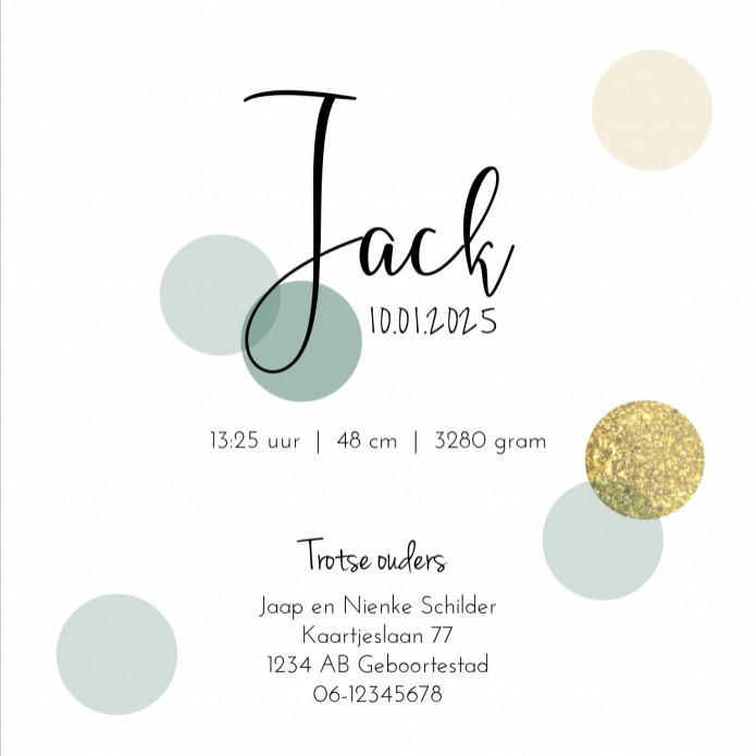 Geboortekaartje confetti groen goud Jack