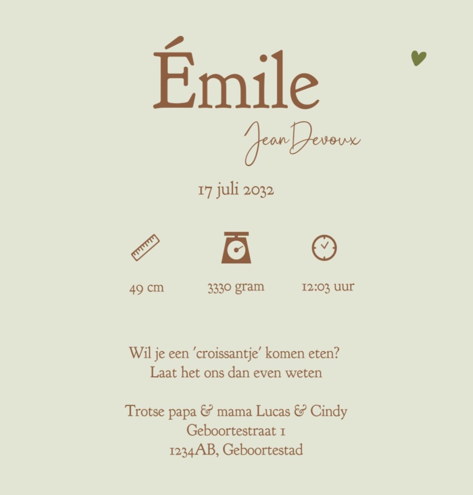 Rechter binnenzijde van geboortekaartje Émile