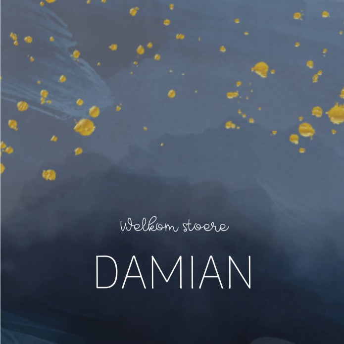 Geboortekaartje blauwe aquarel met goud Damian voor