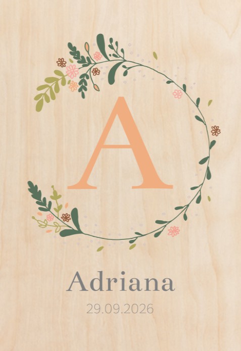 Geboortekaartje meisje met bloemenkrans Adriana - op echt hout