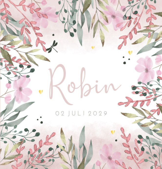 Geboortekaartje botanical bloemen roze Robin