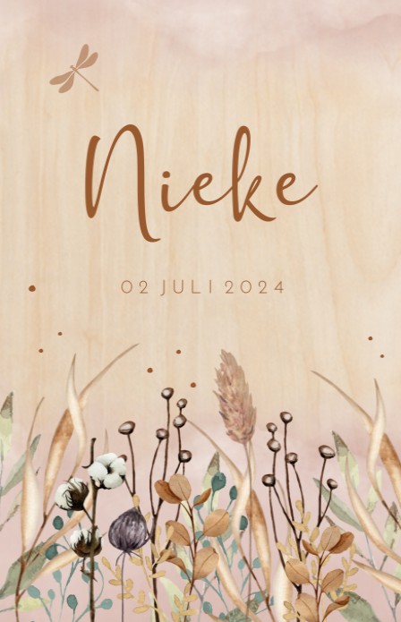 Geboortekaartje dochter botanical floral Nieke - op echt hout