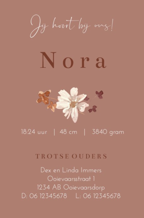 Geboortekaartje meisje droogbloemen krans Nora