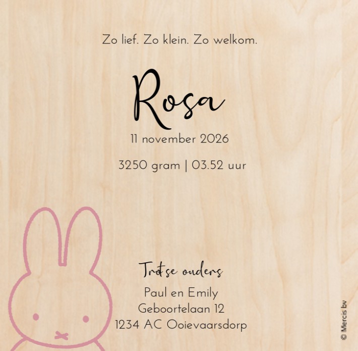 Geboortekaartje nijntje portret Rosa - op echt hout