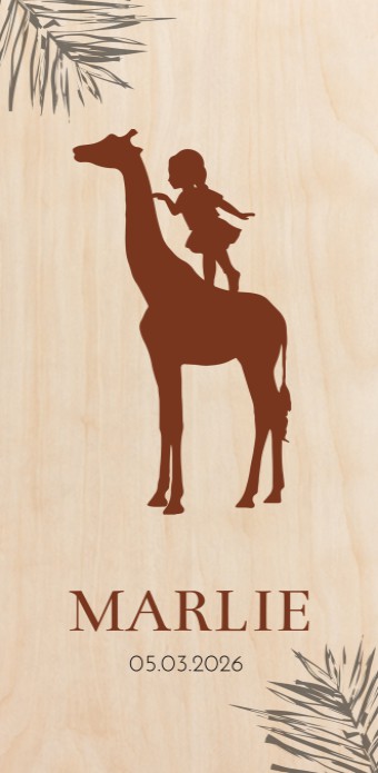 Geboortekaartje silhouette giraffe Marlie - op echt hout