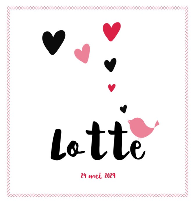 Geboortekaartje roze hartjes en lief vogeltje Lotte