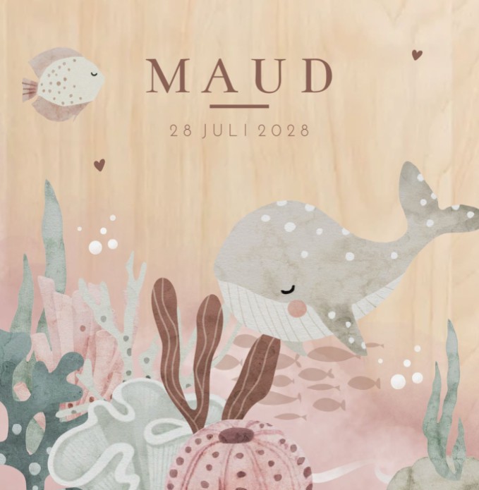 Geboortekaartje meisje walvis hout Maud