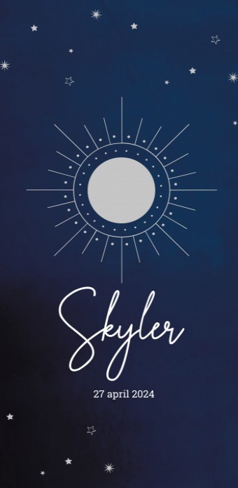 Geboortekaartje donkerblauw met zilveren zon Skyler - zilverfolie optioneel