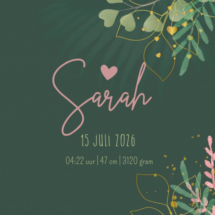 Geboortekaartje meisje donkergroen botanical goudlook Sarah