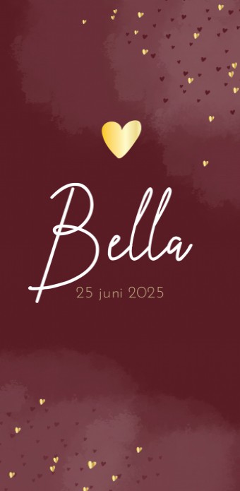 Geboortekaartje meisje donkerrode aquarel met goudlook hartjes Bella