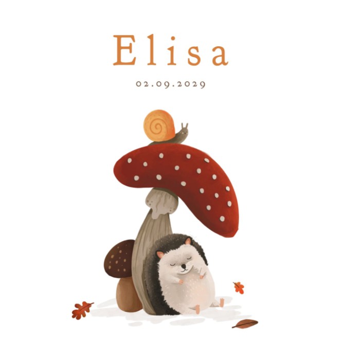 Geboortekaartje neutraal egel paddenstoel Elisa