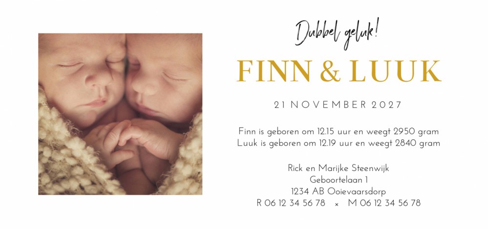 Geboortekaartje foto met goudfolie Finn en Luuk achter