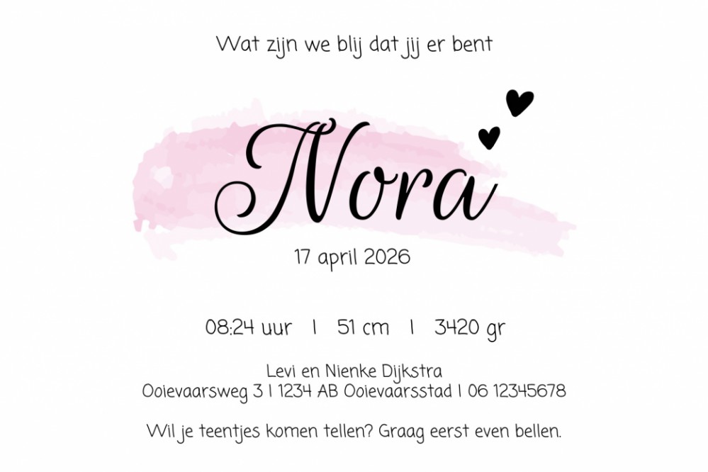 Geboortekaartje foto roze watercolour Nora