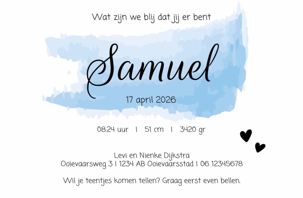 Geboortekaartje foto met blauwe watercolour Samuel