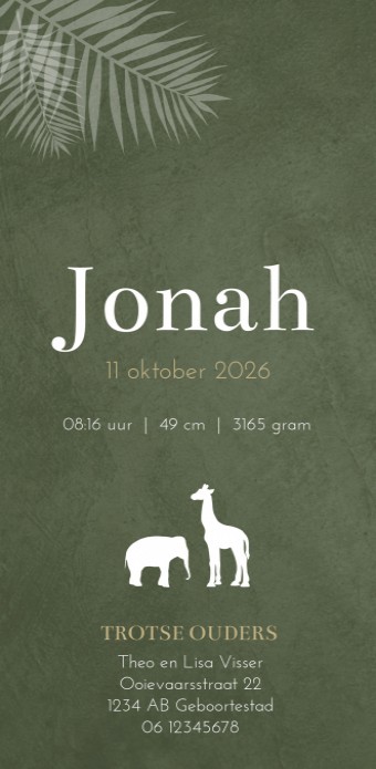 Geboortekaartje olifant giraffe silhouette Jonah