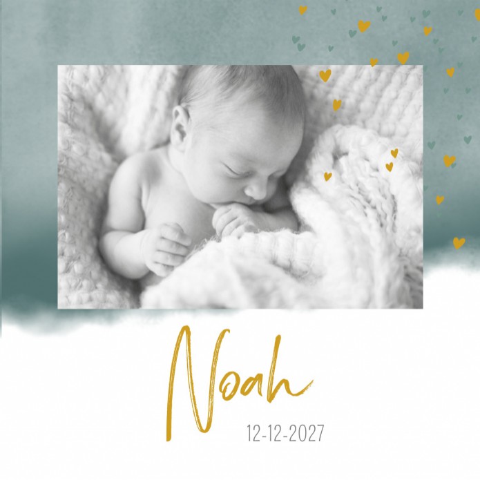 Geboortekaartje zoon jongen blauwe aquarel met foto Noah