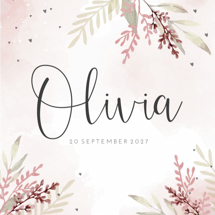 Geboortekaartje meisje dochter botanical bloemen roze Olivia voor