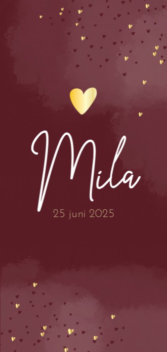 Geboortekaartje meisje donkerrode aquarel met goudlook hartjes Mila