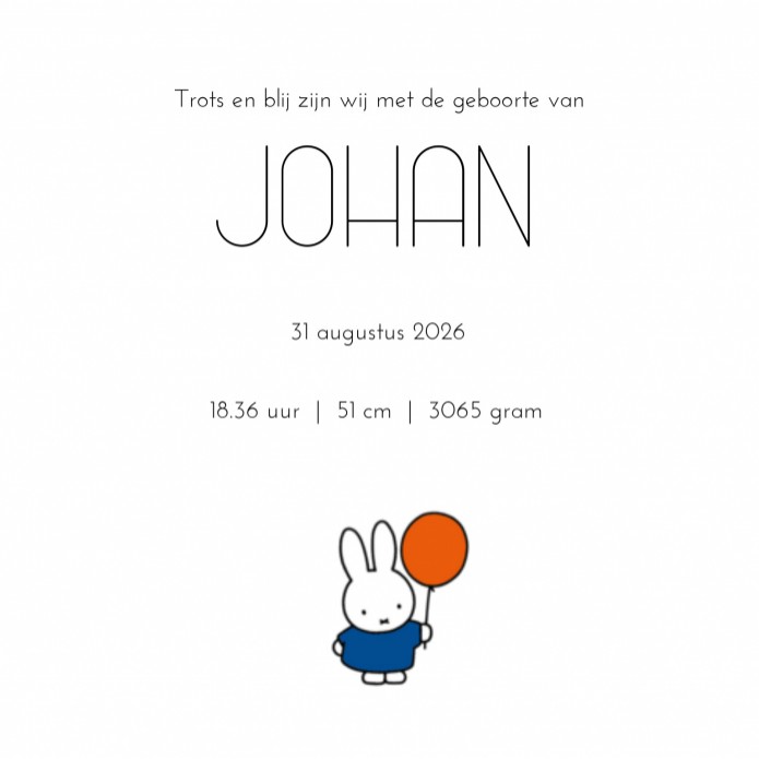 Geboortekaartje nijntje ballon Johan