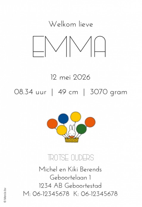 Geboortekaartje nijntje luchtballon Emma