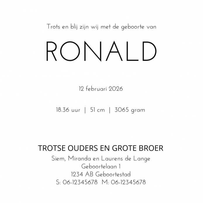 Geboortekaartje nijntje minimalistisch Ronald