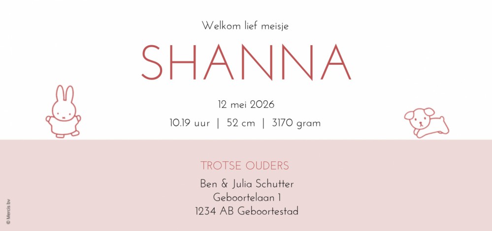 Geboortekaartje nijntje minimalistisch roze rood Shanna achter