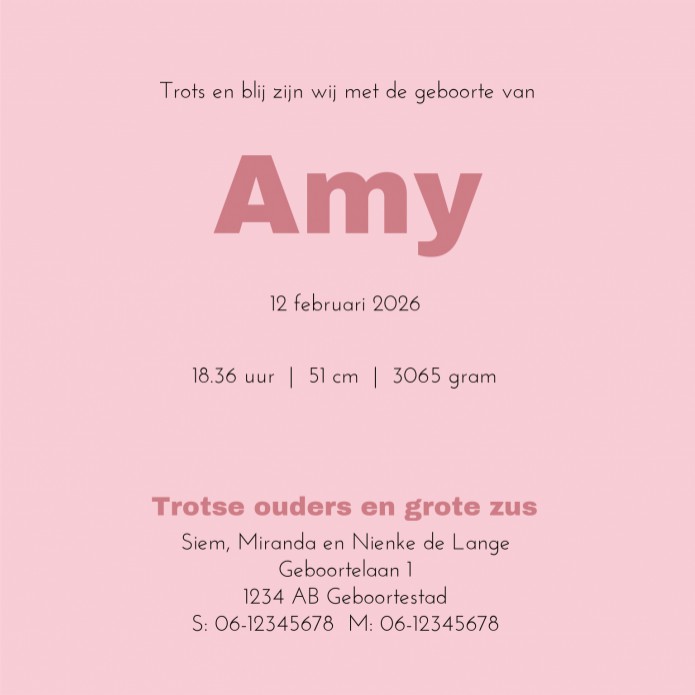 Geboortekaartje nijntje roze Amy