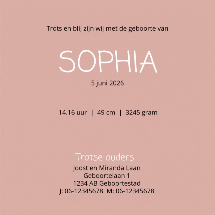 Geboortekaartje nijntje slapen roze lieve Sophia