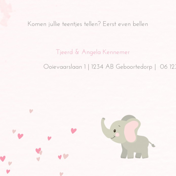 Geboortekaartje meisje olifant met roze watercolor Zoë binnen