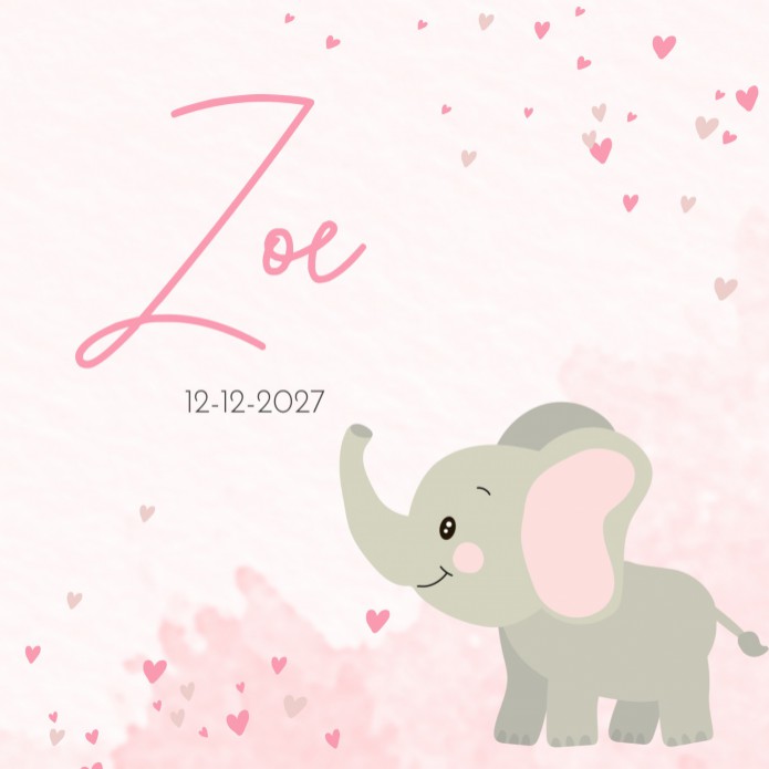 Geboortekaartje meisje olifant met roze watercolor Zoë voor