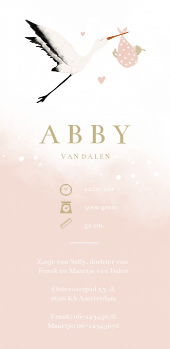 Geboortekaartje ooievaar watercolor roze Abby