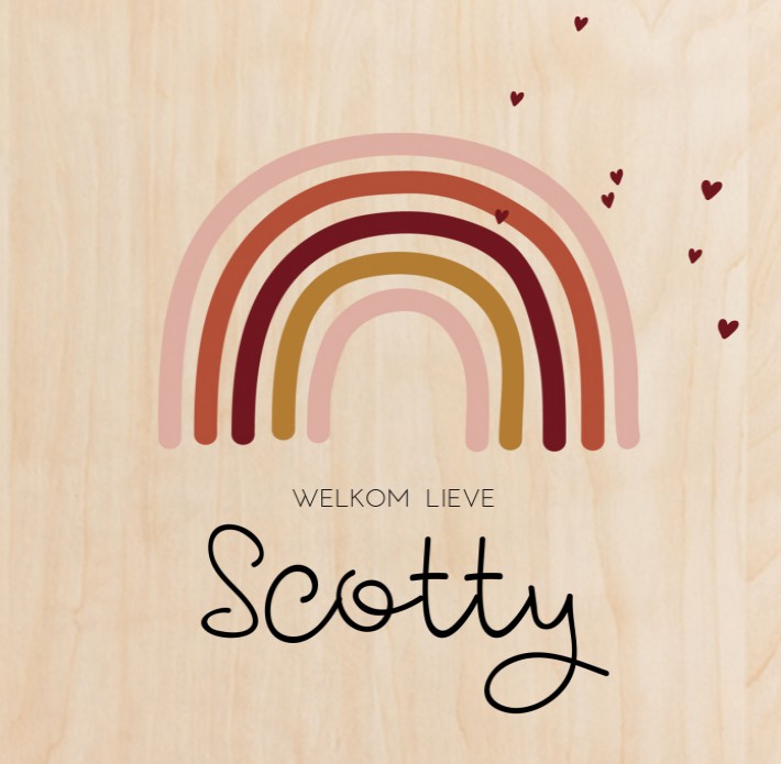 Geboortekaartje regenboog roze Scotty - op echt hout voor