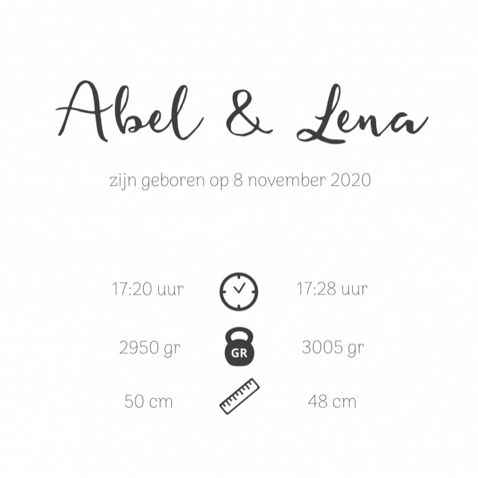 Geboortekaartje regenboog tweeling Lena & Abel voor