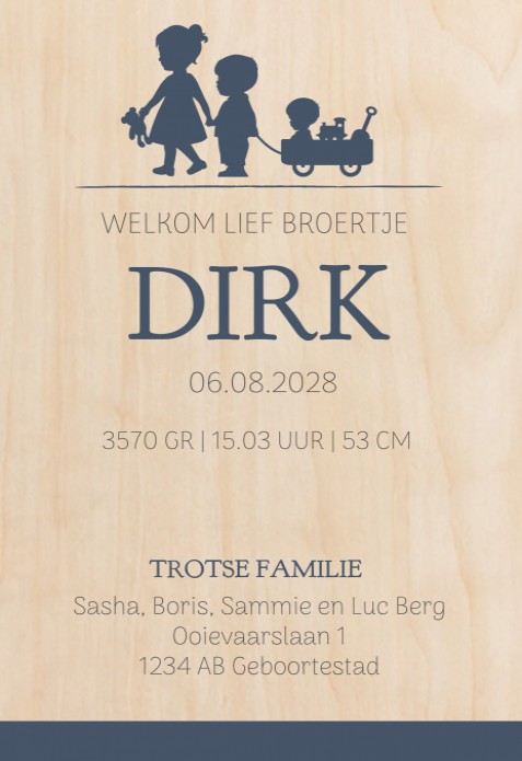 Geboortekaartje silhouette kindjes Dirk - op echt hout
