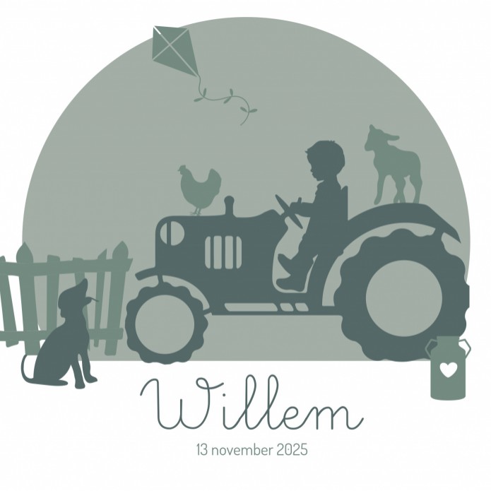 Geboortekaartje silhouette met tractor groen grijs Willem