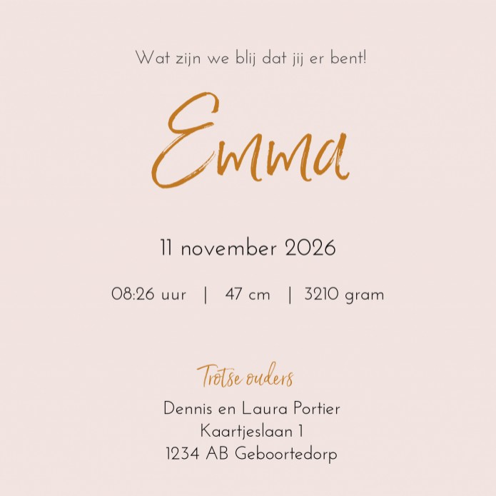 Geboortekaartje meisje silhouette roze zusje Emma - koperfolie optioneel