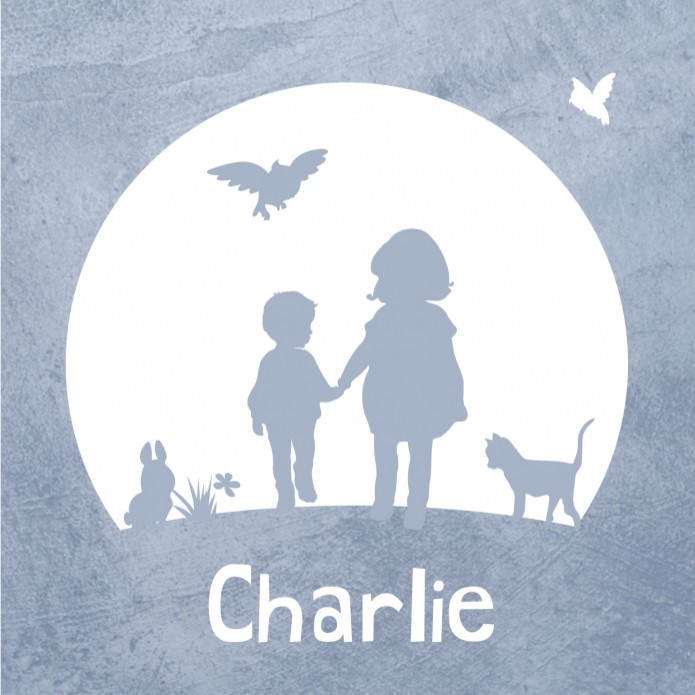Geboortekaartje silhouette zus en broertje met de maan Charlie