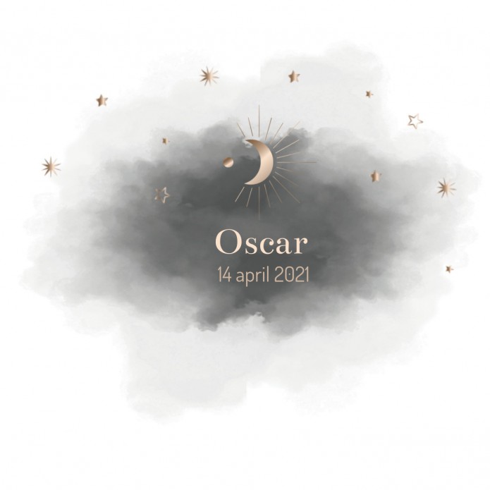 Geboortekaartje watercolour met maan en sterren Oscar